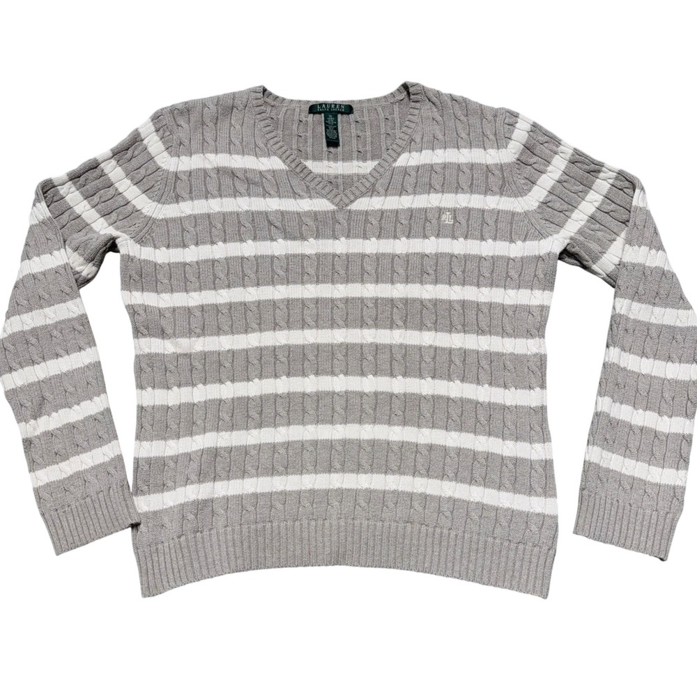 Lauren Ralph Lauren Cable‎ Knit Sweater Womens XL V-Neck Tennis Preppy Logo